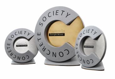 A computer generated image showing three trophies for the Concrete Society Awards