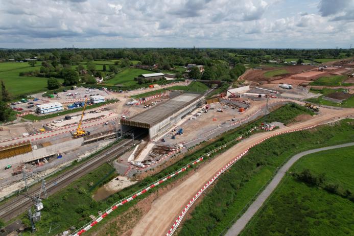 An aerial view of HS2's Carol Green Underbridge under construction