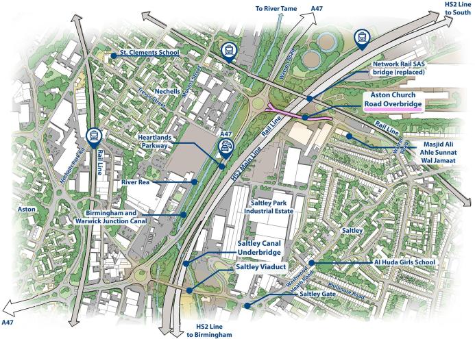 A plan of HS2's Aston Church Road Overbridge and Saltley Viaduct