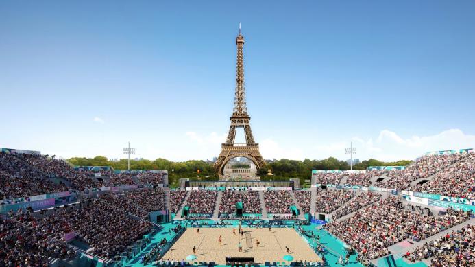 The Eiffel Tower with a Paris 2024 Olympic tennis court in the foreground