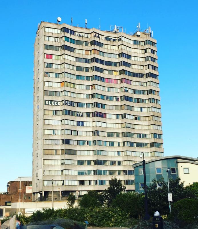 A brutalist tower block