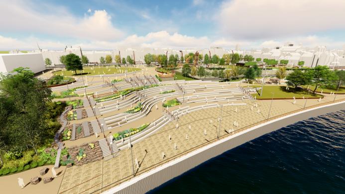 An artist's rendering of a new amphitheatre on a riverside in Stockton, UK