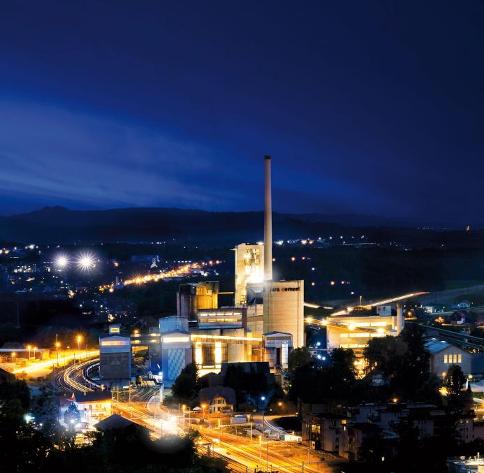 A night time photo of the Jura Cement Plant, Wildegg, Switzerland, which produces approximately 1 million tonnes of cement for the Swiss market and is a leader in the use of alternative fuels.