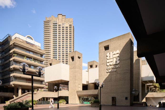 A view of the brutalist-style Barbican Centre, London, UK.