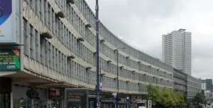 The facade of a huge shopping centre in the Brutalist style
