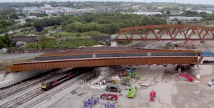 An aerial picture of a bridge under construction