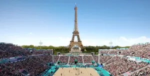 The Eiffel Tower with a Paris 2024 Olympic tennis court in the foreground