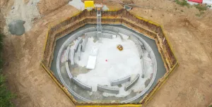 An aerial photo of concrete panels in an octagonal hole