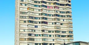 A brutalist tower block