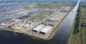 An aerial view of a large industrial dock with construction work taking place