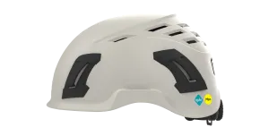 A black and white construction safety helmet against a white background