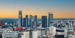 Manchester city skyline at sunset