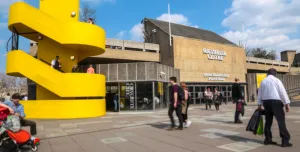 A view of the Queen Elizabeth Hall at the Southbank Centre, with it's distinctive yellow, spiral staircase.