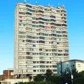 A brutalist tower block