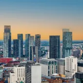 Manchester city skyline at sunset