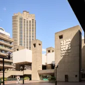 A view of the brutalist-style Barbican Centre, London, UK.