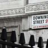 The Downing Street sign and railings