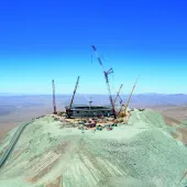 An aerial shot of the under construction the ELT (Extremely Large Telescope) on the Cerro Armazones mountain in the Chilean Atacama Desert.