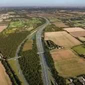 An aerial view of the Lower Thames Crossing junction with the M25 (looking north), with a new bridge for Ockendon Road. Image: National Highways.