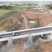 Aerial view of the Fosse Way and Offchurch Greenway bridges near Leamington Spa, delivered by Galldris for Balfour Beatty VINCI.