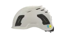 A black and white construction safety helmet against a white background