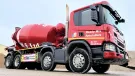 A bright red concrete mixer truck